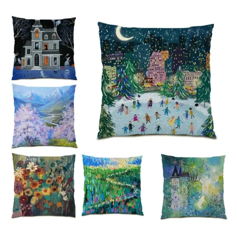 

Oil Painting Cartoon Pillow Cover Snowflake Sofa Custom Animal Printing Decor Home Flower Bird Cushion Cover Reversible E1861
