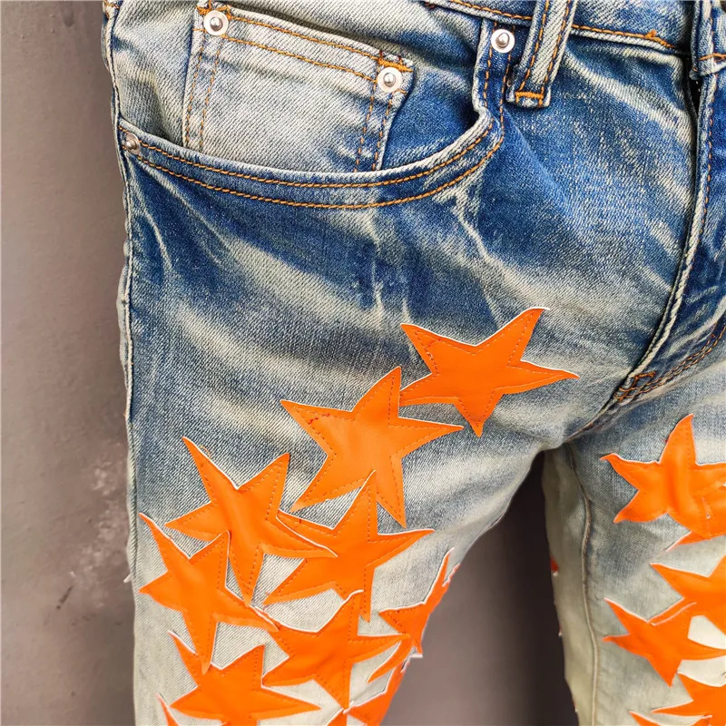 Mens Slim Fit Skinny Jeans With Orange Star Patches Biker Denim Stretch  Cult, Motorcycle Jeans Trendy Long Straight Hip Hop Style With Hole Blue  From Adultclothes, $53.21