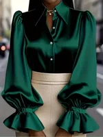 Elegant Satin Blouse with Ruffled Cuff Sleeves and Button-Down Collar - Chic Office & Casual Wear Top - Image 4