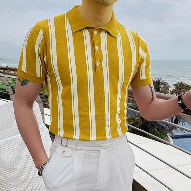 

2023 Yellow Slim Men Shirts Short Sleeve Summer Thin Shirt Streetwear Striped Men Polos T Shirt Cotton Business Men's Clothing