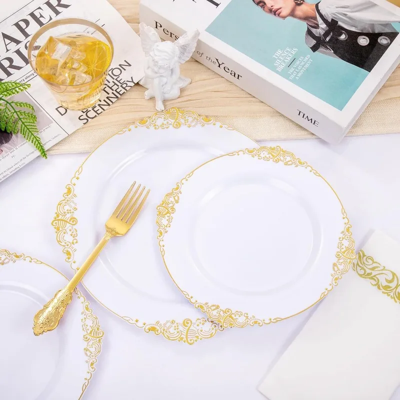 350PCS White and Gold Plastic Plates & Gold Plastic Silverware&Disposable Dinnerware Set-Include 50Dinner Plates
