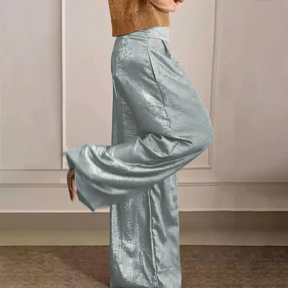 

Women Long Pants Elastic High Waist Casual Trousers Metallic Solid Color Wide-Leg Pants Office Party Work Leisure Pants