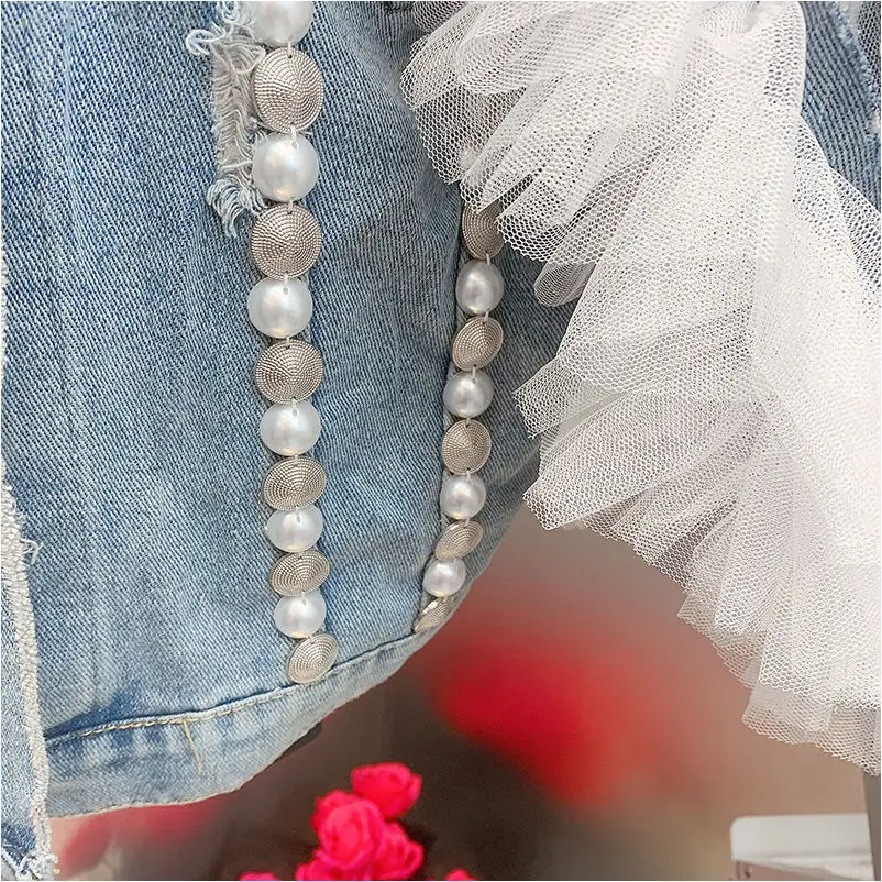 시크한 여성용 다이아몬드 비즈 패치워크 거즈 프릴 레이스 꽃 접합 데님 재킷, 진주 메쉬 구김 청바지 코트, 가디건 상의