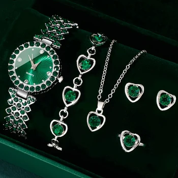 Anel Coração Strass feminino Colar e Brinco Conjunto de jóias, relógio quartzo, relógio elegante simples, vestido luxuoso, presente da moda 1