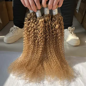 # 27 Ciocche di Capelli Umani Veri Biondo Miele Ricci a Onda Profonda, Non Lavorati, Vergini, Grezzi, Extension per Capelli Colorati, Doppia Trama