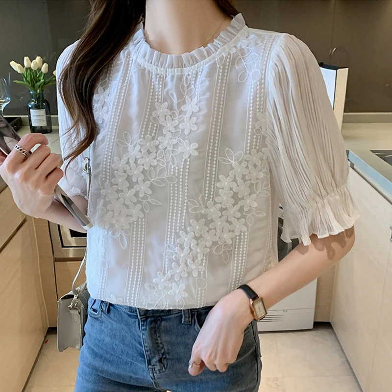 Summer Women Blouse Short Sleeve Embroidery Lace Chiffon Blouse Shirt Blouse Women Blusas Mujer De Moda 2025 Blouses Femme 18927