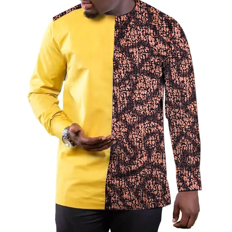 

Yellow Men's Shirt Patchwork Tops Dashiki Shirts Cotton+Wax Mix Male Groom Wear African Party Clothes