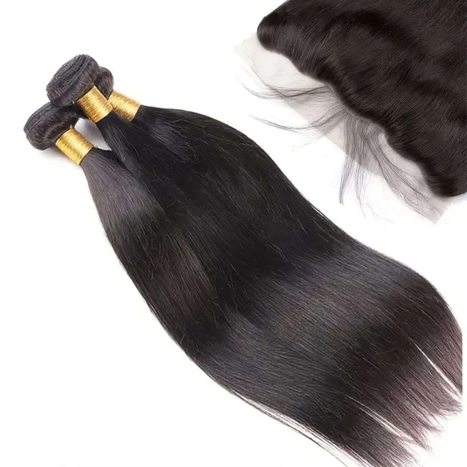 Brazilian Bone Straight 3 Bundles With Frontal 13x4 Transparent Lace Frontal Human Hair Extensions 28 30 32 Inch For Women