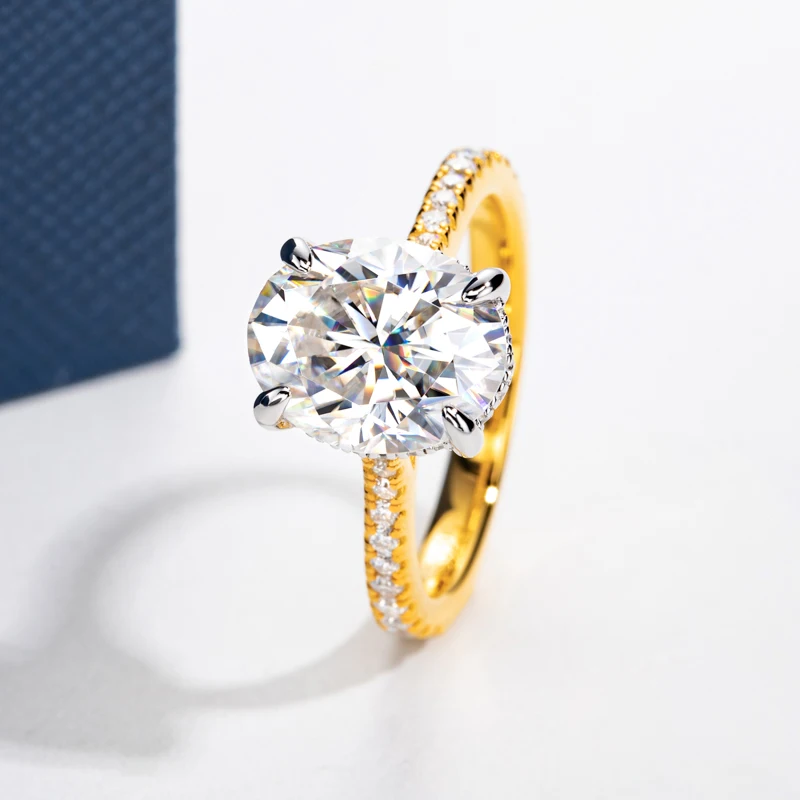 DEZO 여성용 타원형 컷 모이사나이트 반지, 14K 금도금, , 약혼 기념일, 파인 주얼리, 5.0ct