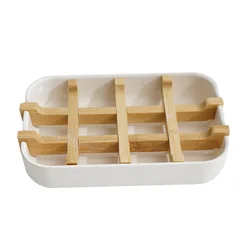 Eco - Friendly Bamboo Soap Dish with Handcrafted Wooden Holder and Tray (WHITE)