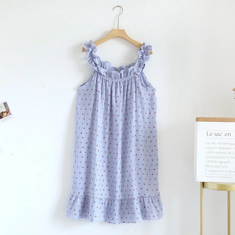 New Printed Ruffle Edge Sling Nightdress For Women Summer Thin Loose Large Size Nightgown Korean New Off Shoulder Home Pajama