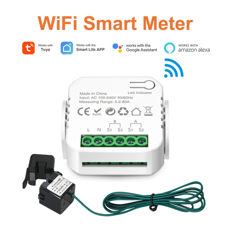 Tuya WiFi Digital Energy Smart Meter Dual Channel 80A Current Transformer Solar PV System Power Production Consumption Monitor power meter,energy meter