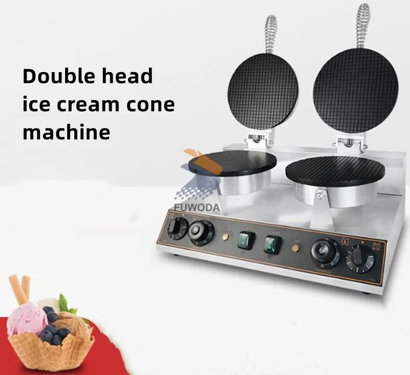 Stainless Steel Double Head Ice Cream Cone Making Machine Ice Cream Maker Electric Waffle Cone Baker Oven Crispy Egg Roll Baking