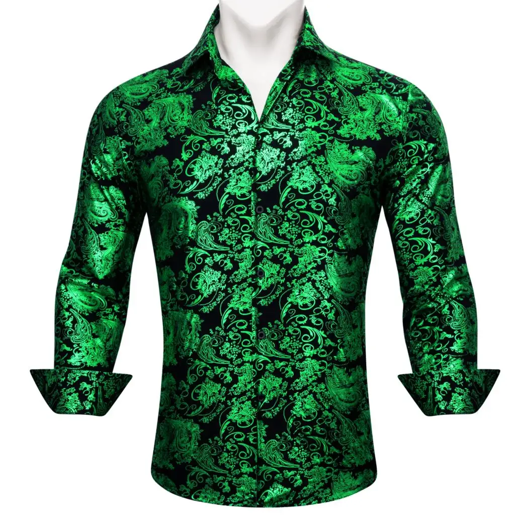 

Luxury Shirts for Men Silk Long Sleeve Green Black Floral Embroiderd Regular Male Tops Slim Fit Lapel Blouses Party Barry Wang