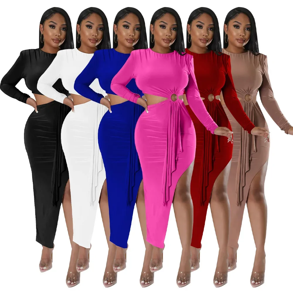 

2024 Women Long Sleeve Round Neck Sexy Roll Patchwork Cutout High Side Maxi Party Dresses Bodycon Dress Vestidos Plus Size 10XL