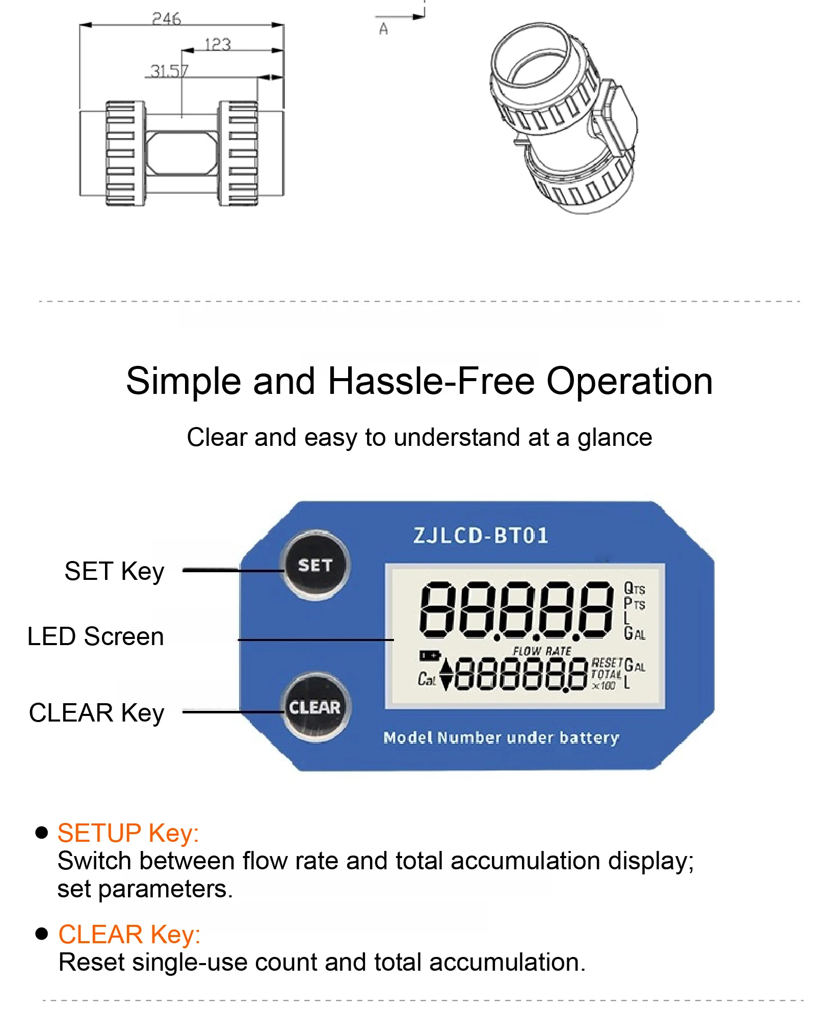 Digital Flow Meter LCD Display Irrigation Wastewater Inline Turbine Flow Sensor
