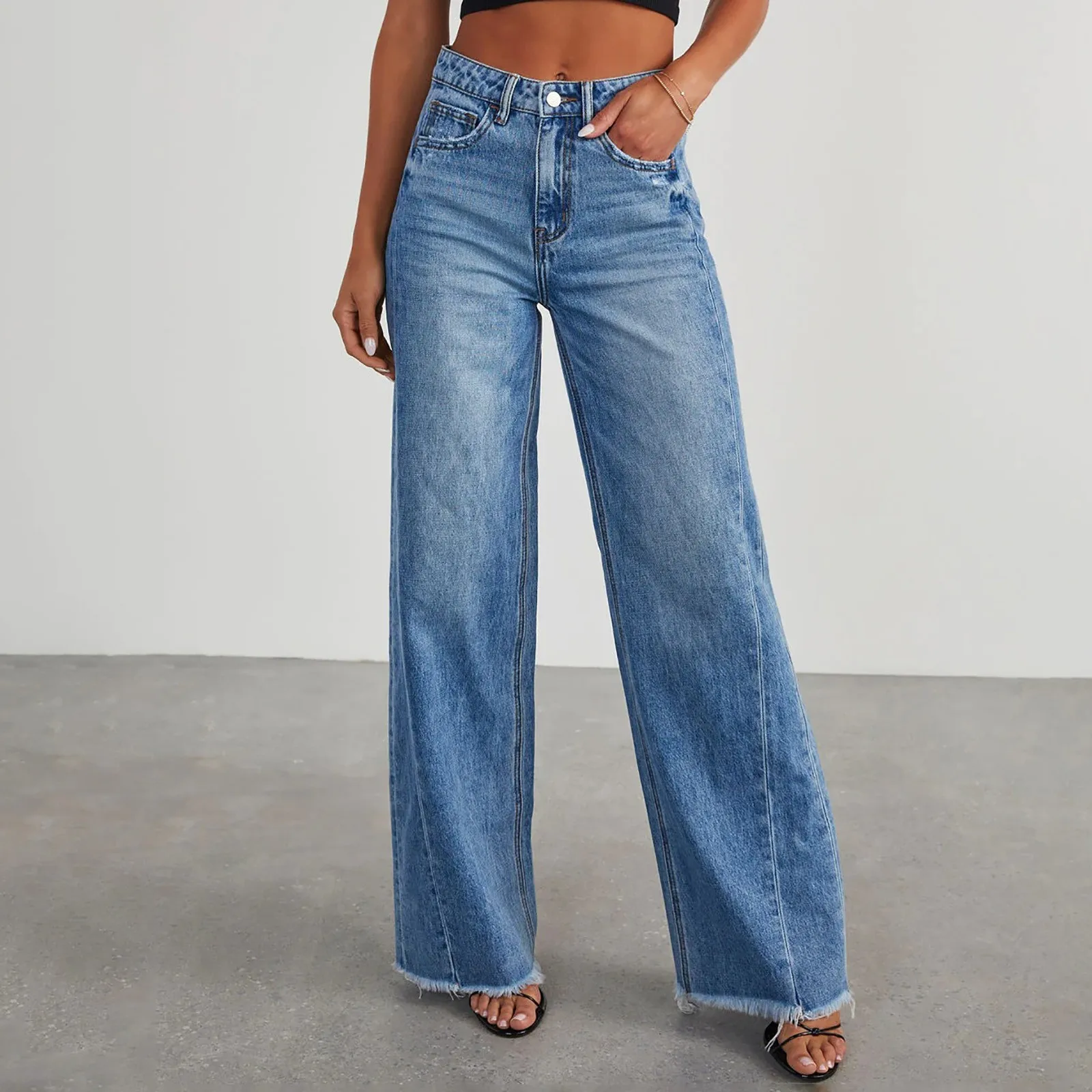 

Women's Baggy Jeans Fringed Loose High Waist Wide Pants Straight Leg Denim Trousers Casual Boyfriend Jeans For Women Mom Jeans