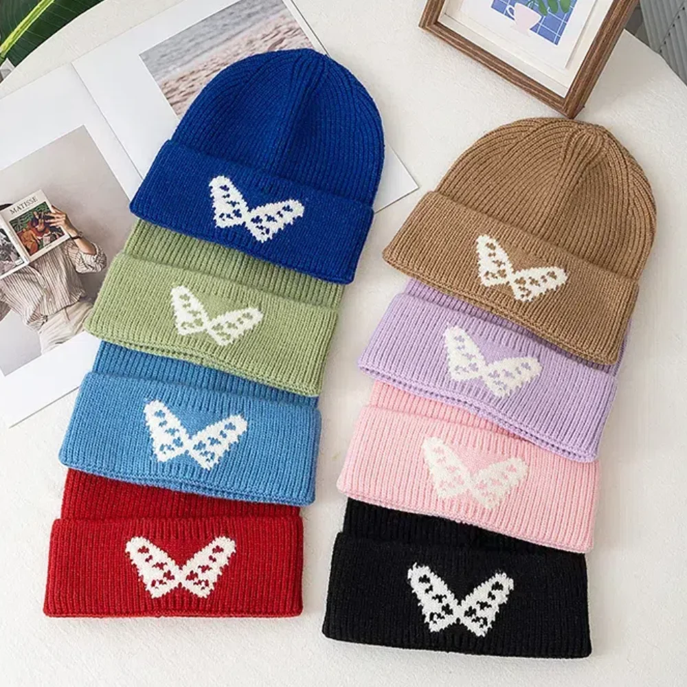 Hot Sale Butterfly Embroidery Beanie Hats Winter Warm Cap Y2K Hats For Women Solid Color Winter Knitted Girl Hats Gift