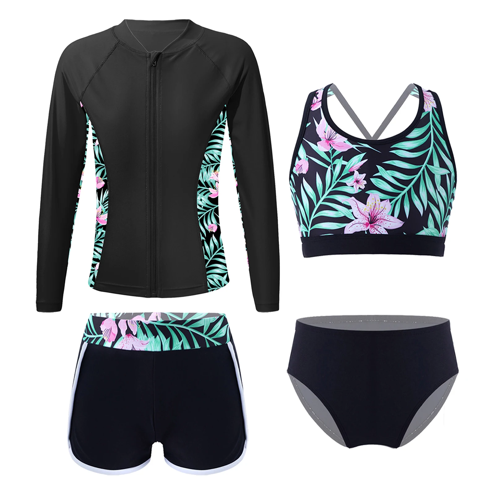 Kids Girls 4 Pcs Upf 50+ Swim Cover Up Sets Long Sleeve Zip Up Rashguard Shirts Tankini Bra Brief with Shorts Athletic Swimsuit 1