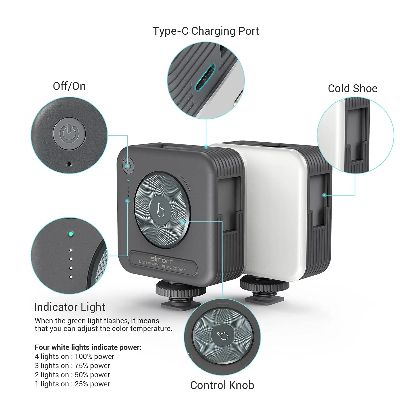 P96 LED Video Light Mini LED Camera Lights 2200mAh 6500k Zoom Photo Video Lighti