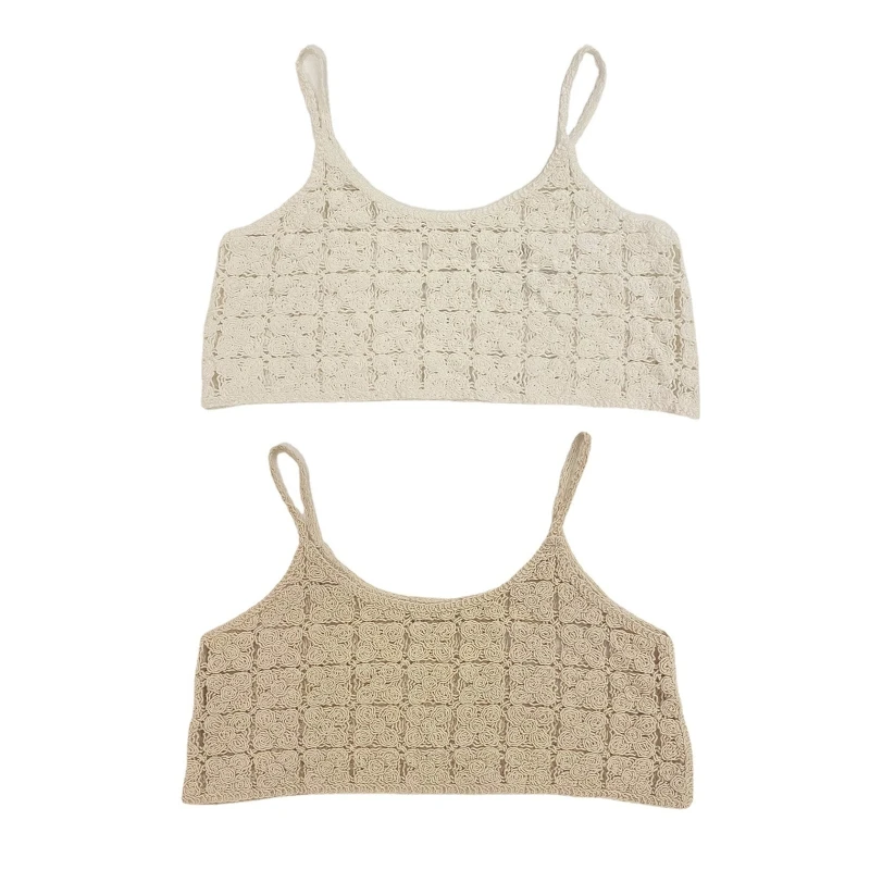 

Sweet Bohemia Knit Slim Fit Tops Summer Sleeveless Crop Tops O Neck Casual Beach Crochet French Style for Women Girls