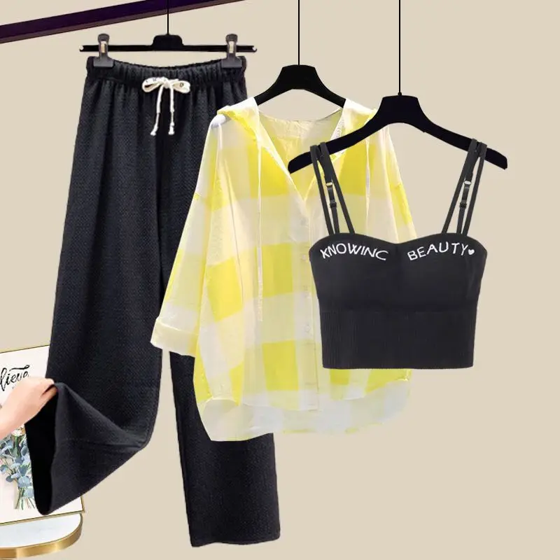 Spring and Autumn Suit Women's 2024 New Plus Size Wear Hooded Shirt Top Inside Suspenders with Slacks Three-Piece Set