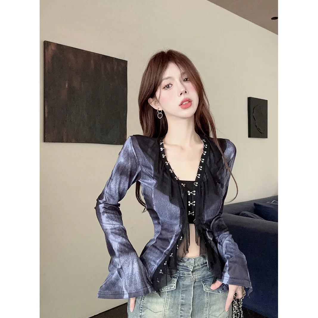 Vintage Harajuku V-neck Shirt Flare Long Sleeve Women Lace Y2k Tops Blouse Slim Streetwear Single-breasted Sexy Jacket Ruffle