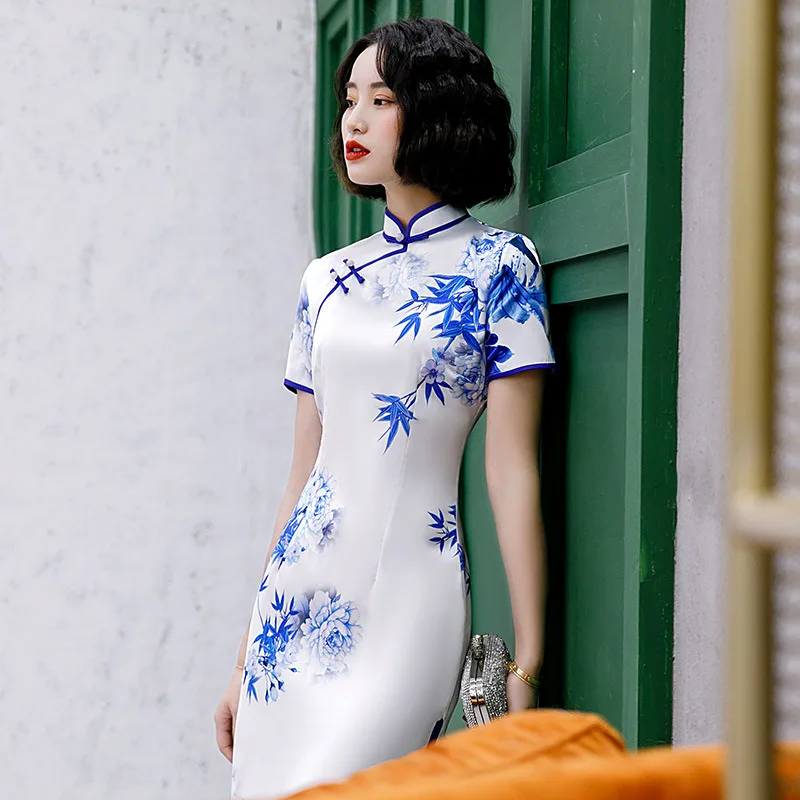

Yourqipao Summer Double-layer Short-sleeved Cheongsam Fashion Elegant White Daily Qipao Chinese Style Evening Dress for Women