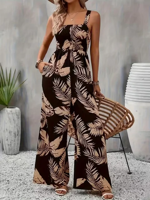 Women's summer elegant back hugging tropical printed overalls