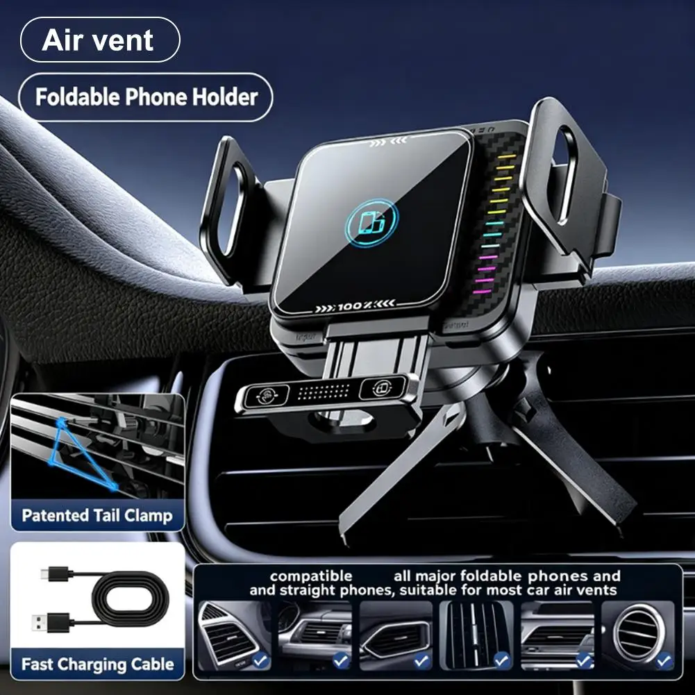 Universal Wireless Charging Phone Holder with Auto-Lock Clamp and RGB LED - Fast Charge Air Vent Mount