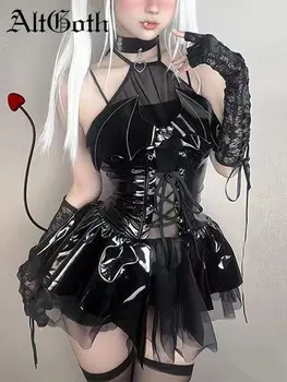 AltGoth Sexy Cosplay Pu Dress Women Harajuku Streetwear Grunge Bandage Hollow Out Bats Dress Punk Y2k E-girl Mall Gothic Clothes 1