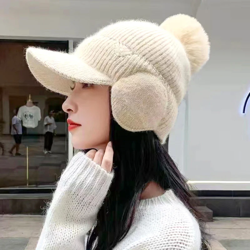 여성용 두꺼운 벨벳 오리 혀 니트 울 모자, 야외 사이클링 귀 보호 야구 모자, 폼폼 따뜻한 피크 캡, 겨울