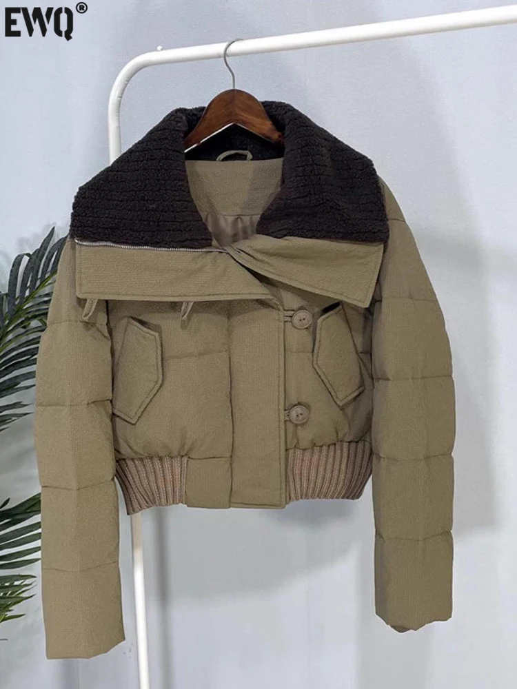 

[EWQ]Women Short Parka Lapel Lambswool Cotton-padded Coat Long Sleeve Zipper Jacket 2023 Winter High Quality Thick Warm Oversize