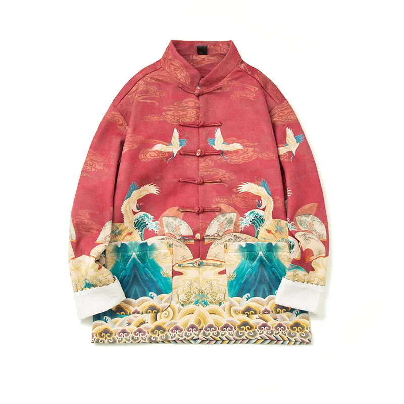 Large Size Male Tang Suit Top Coat Print Crane Jacket New Chinese Tradition Button Up Men Clothing Suede Fabric Uniform Blouse