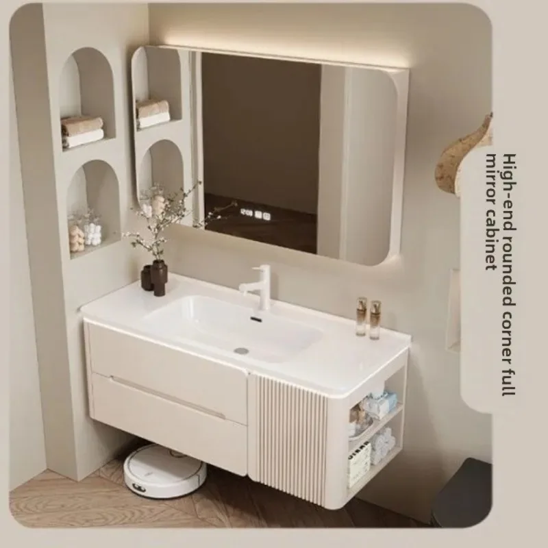 Cream wind oak paint door bathroom cabinet bathroom ceramic integrated basin combination intelligent rounded corner side cabinet