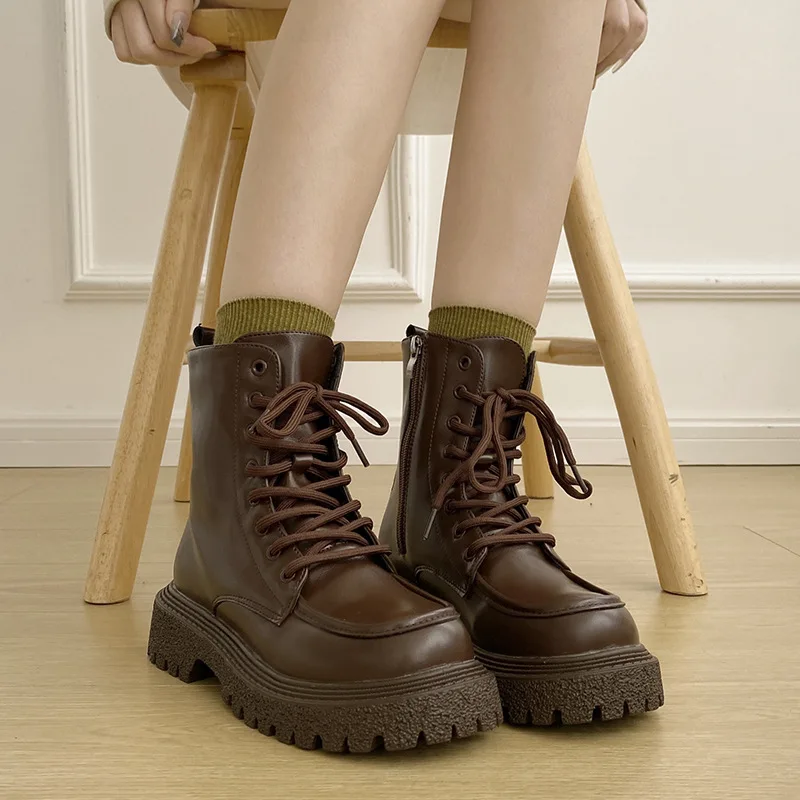 

TOPHQWS Vintage British Style Ankle Boots Woman Winter 2022 Chunky Heel Shoes Casual Lace Up Quality PU Leather Platform Boots