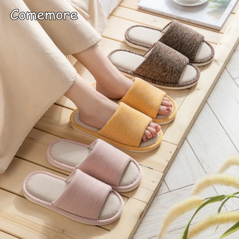 

Тапочки Comemore из хлопка и льна для мужчин и женщин, домашние Нескользящие шлепанцы для дома, на все сезоны, мягкая подошва, сланцы, весна-осень