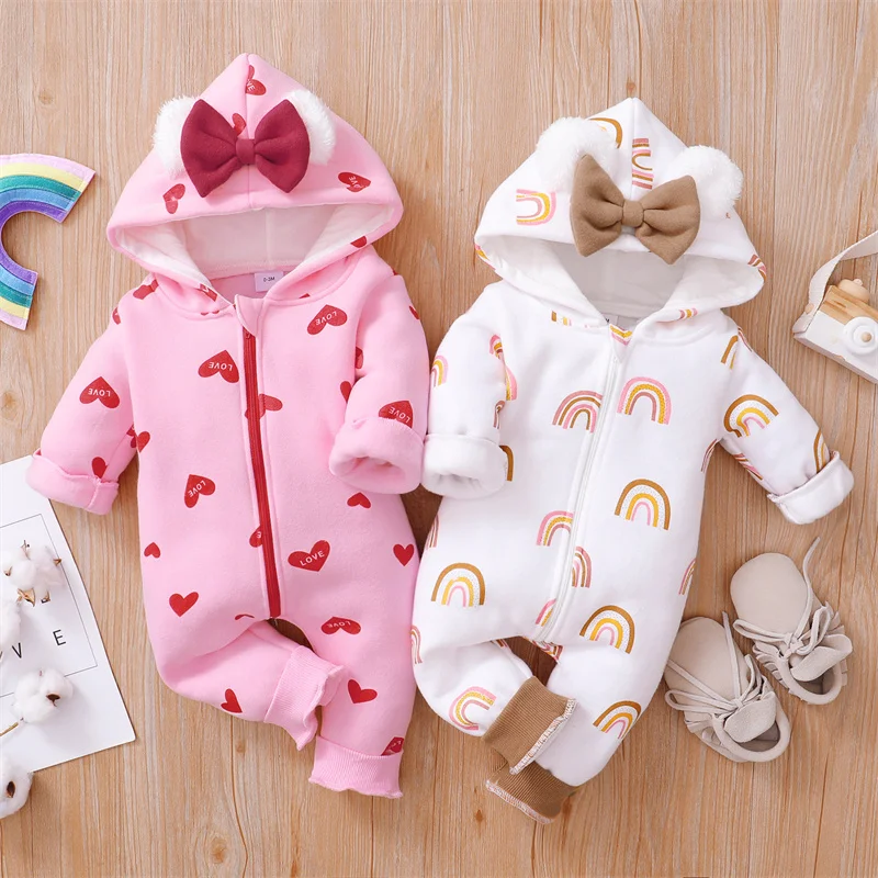 

Cute Love Heart Bow Newborn Baby Boy Girl Clothes Autumn Winter Warm Long Sleeve Hooded Kids Infant Bebe Rompers Jumpsuits 0-2Y