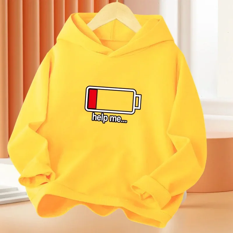 thumbnail image 1 of Nueva sudadera con capucha con estampado de "Ayúdame a tener batería baja" para niños, sudaderas para niños, abrigo básico de hip hop para primavera y otoño, ropa para bebés y niños, 1 of 4
