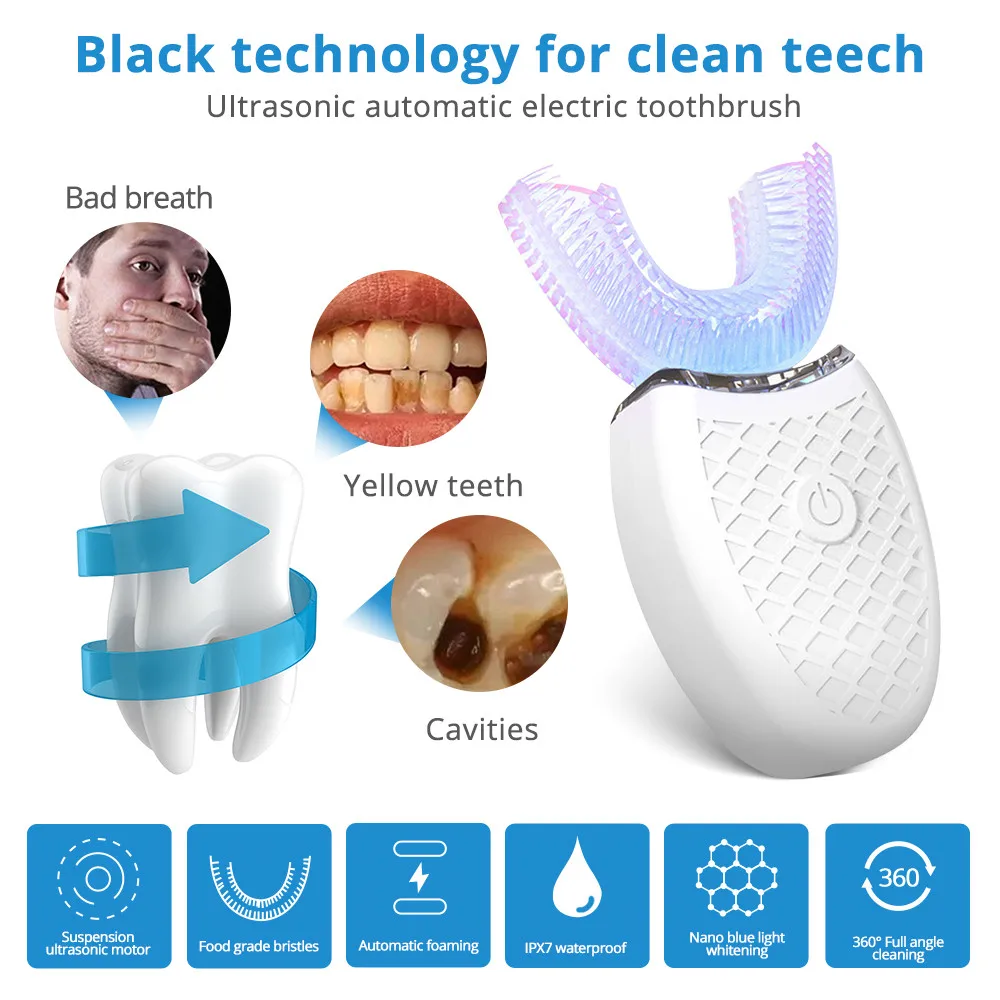 Sonic Automatic Electric Toothbrush For Adult U Shaped 360 Degree Toothbrush USB Rechargeable Teeth Cleaning & Whitening Brush Electric Toothbrush
