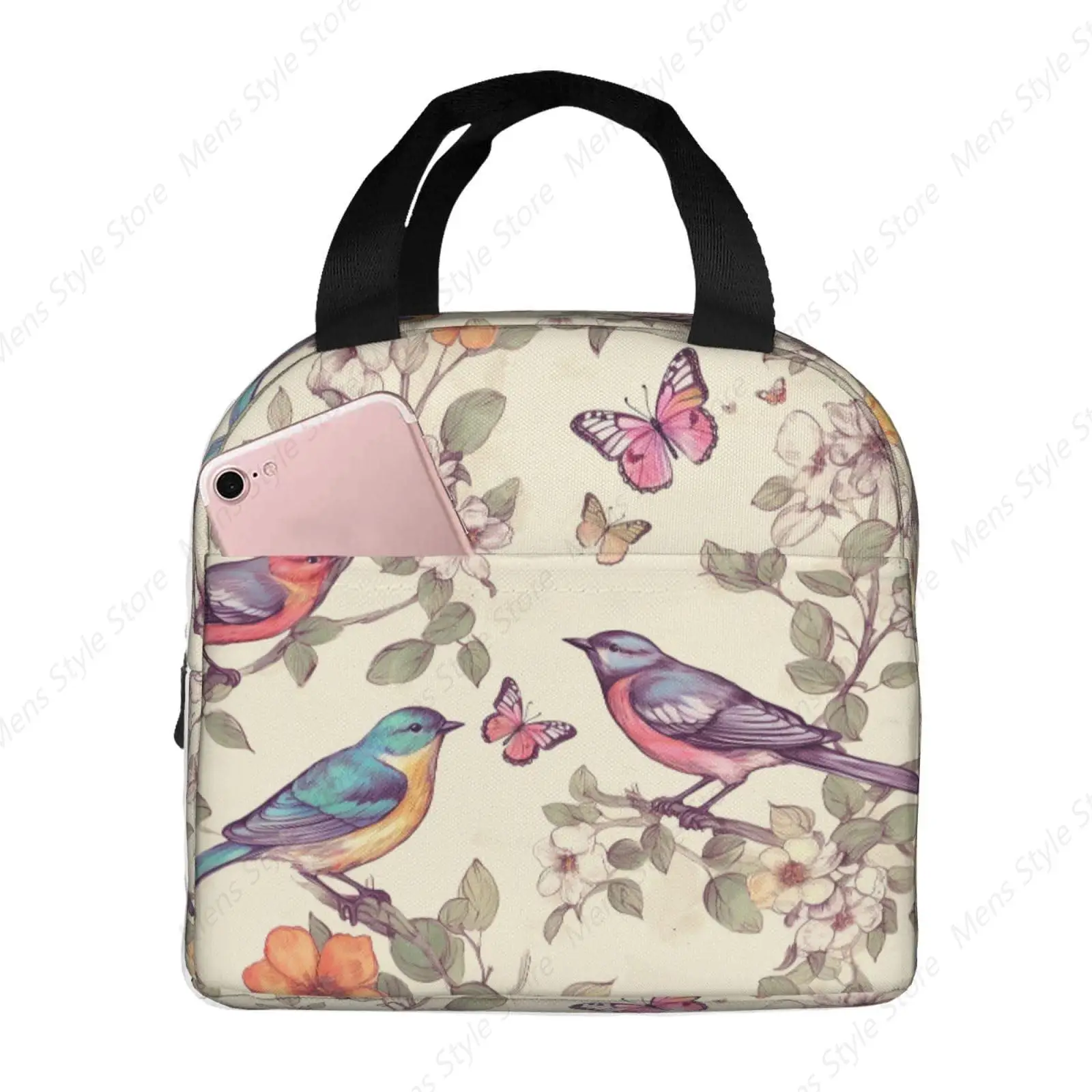 Lunch Bag Insulated Lunch Box for Women Men Reusable Cooler Bag Birds on Branches and Butterflies Tote for Work Picnic