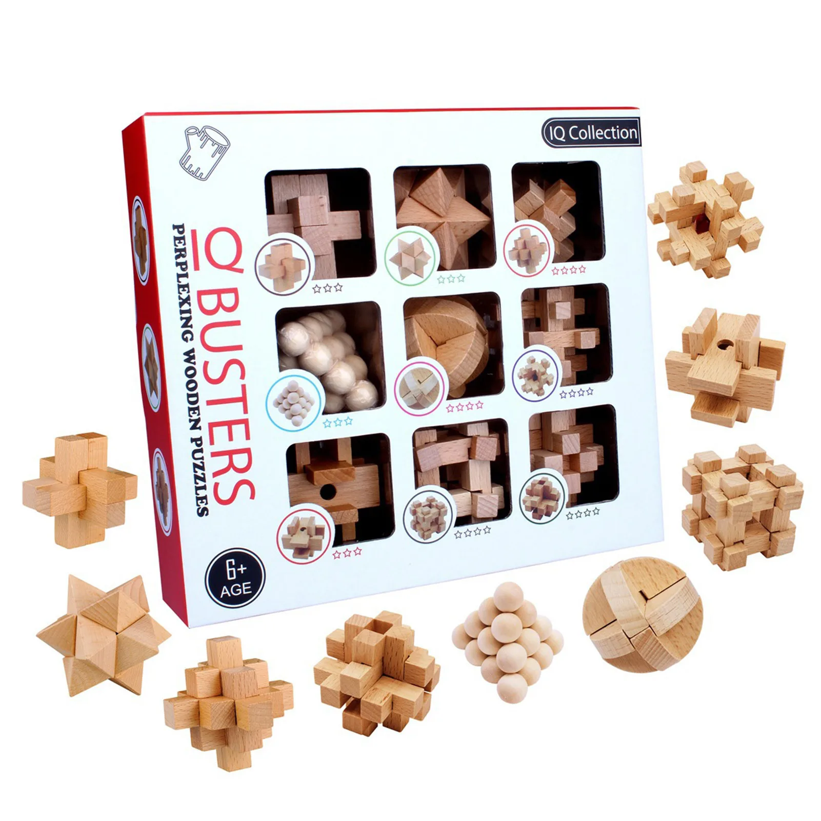 9PCS/SET Design IQ Brain Teaser Kong Ming Lock 3D Wooden Interlocking Burr Puzzles Game Toy Bamboo Small Size For Adults Kids | Игрушки и