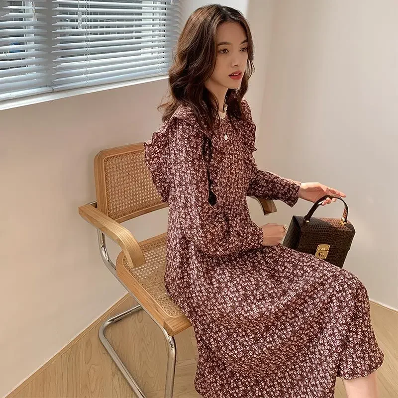 

Red Clothessummer Fall Dresses Floarl Print Stringy Selvedge Slim Body Female Longsleeves Woman Dress Women Cottagecore Dress