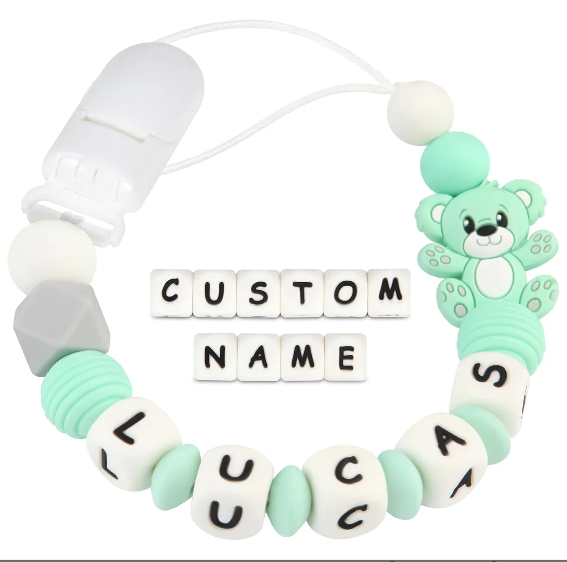 Custom Name Baby Pacifier Chain Clip with Bear Charm