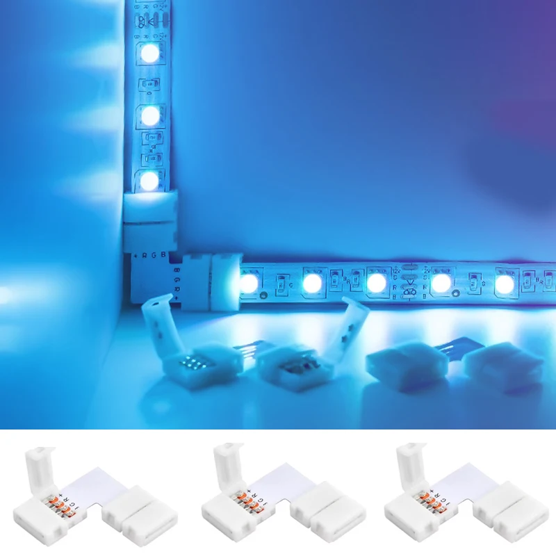 Electrical Connector L Shape 4-Pin LED Connectors 10mm Wide Right Angle Corner Connectors Solderless Adapter Connector Terminal 3528/5050 SMD RGB