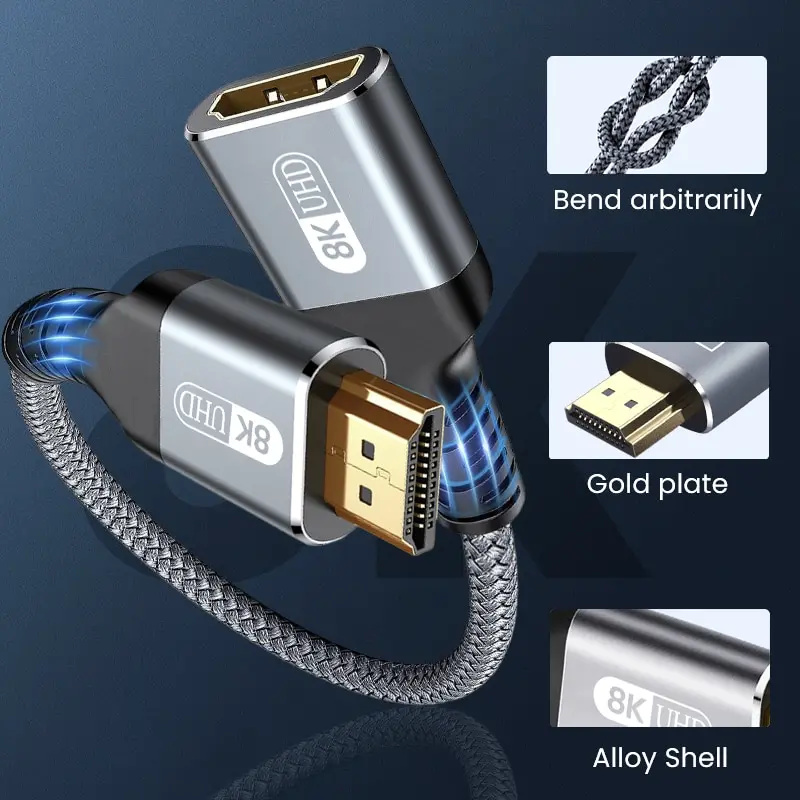 HDMI 2.1 8K Male to Female HDMI Extension Cable 8K@60Hz 4K@240Hz Extender Adapter for Roku TV PS5 HDTV Blu-ray