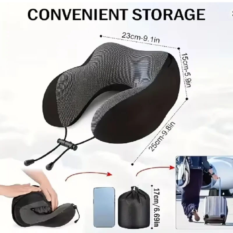 Luxurious Hooded Travel Neck Pillow with Soft Memory Foam and Velvet Cover, Includes Storage Bag