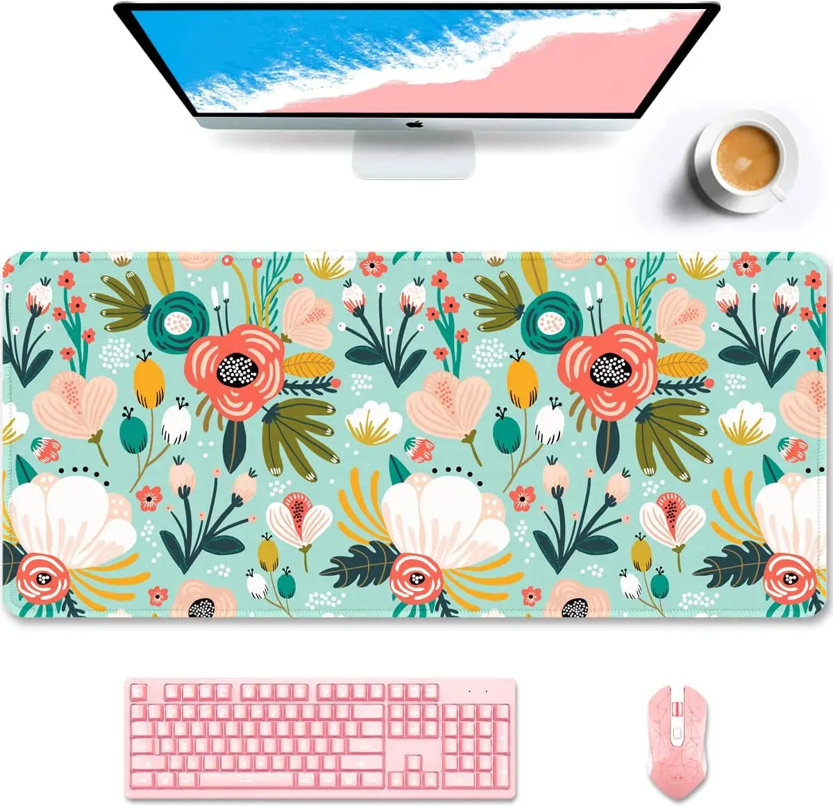 

Mouse Pad Full Desk XXL Extended Gaming Mouse Pad 35.4X 15.7 In Waterproof Desk Mat Stitched Edge Non-Slip Floral Green Flowers