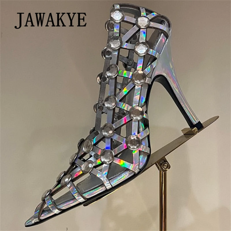 

2024 Summer New Pointed Toe Rhinestone Hollow Out High Heels Sandals For Women Crystal Pumps Shoes Sexy Party Sandalias De Mujer