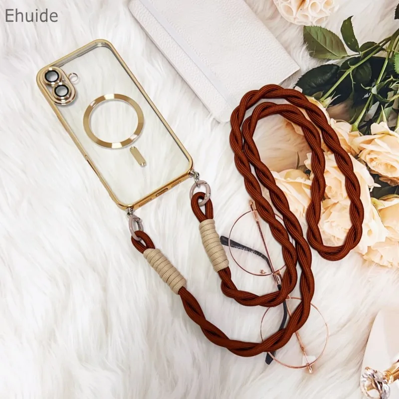 Magnetic Transparent Plating Case with Crossbody Lanyard Strap
